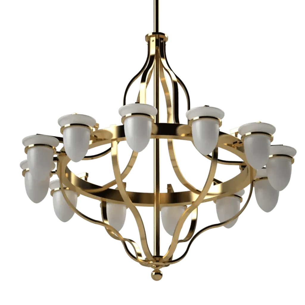 Lindos chandelier is a brass lighting fixture with twelve white upward-facing glass shades for elegant illumination