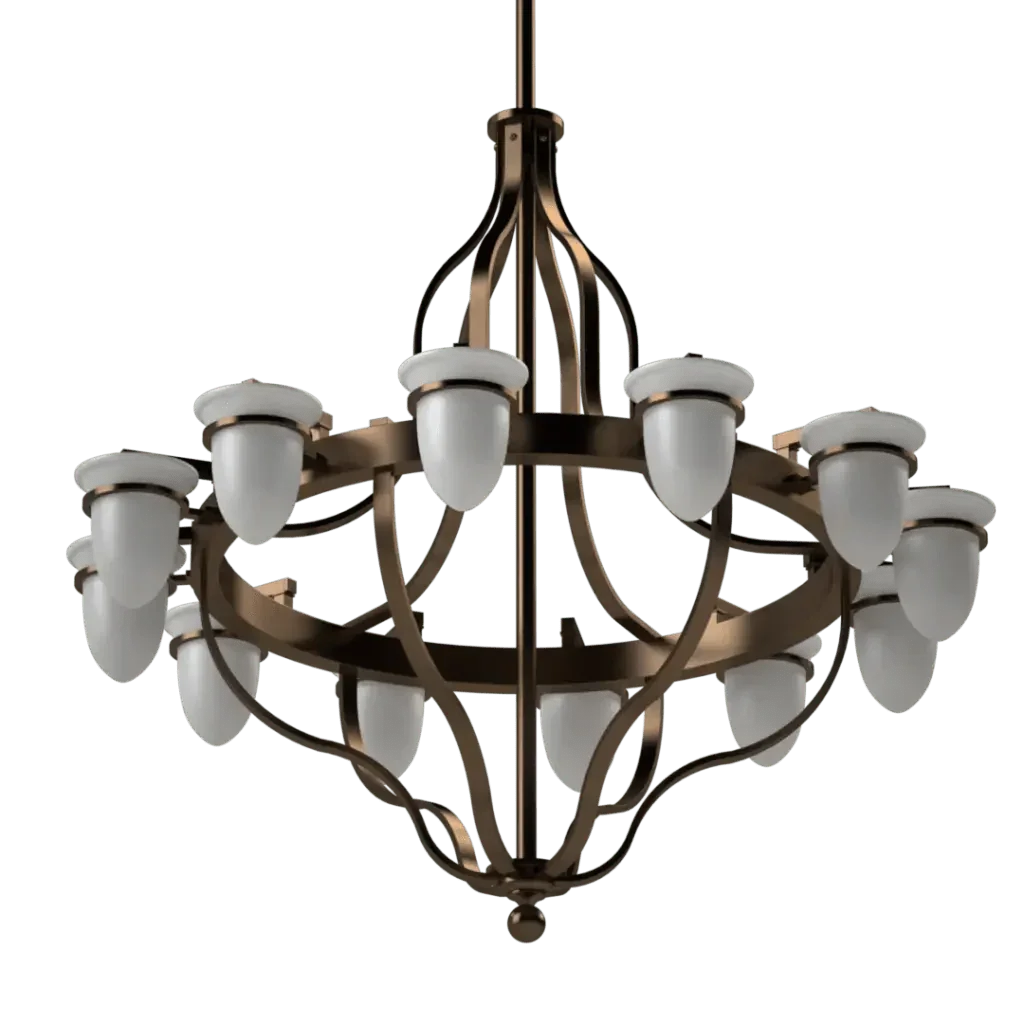 Bronze lindos chandelier with twelve white glass shades suitable for elegant indoor lighting