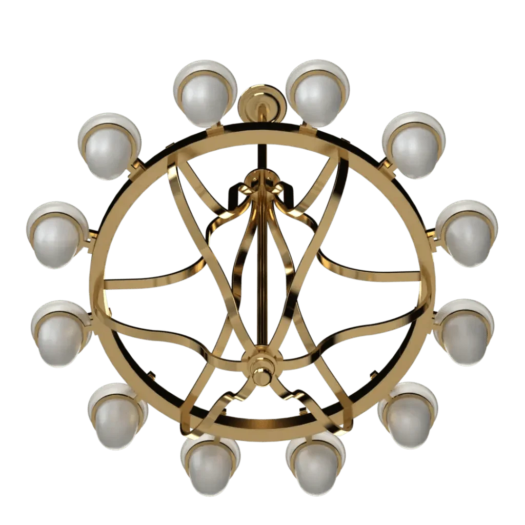Lindos chandelier featuring a round gold frame with twelve white spherical lights for elegant indoor lighting