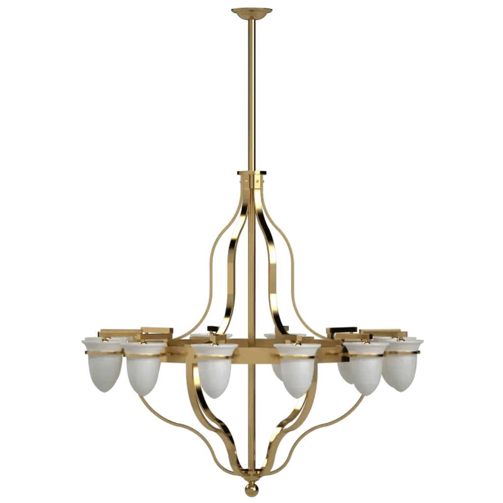 Lindos chandelier featuring twelve white bell-shaped glass shades on a gold-toned metal frame