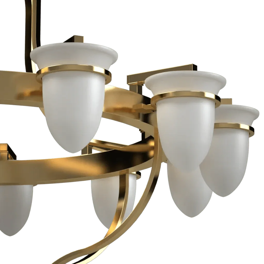 Lindos chandelier featuring a gold frame with white conical glass shades for elegant indoor lighting