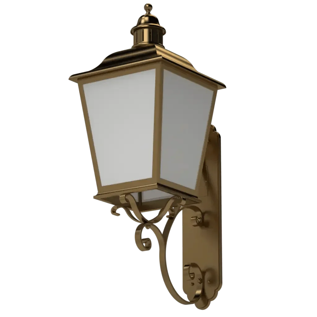A gold-finished Manchester sconce exterior wall lantern with frosted glass panels for outdoor lighting