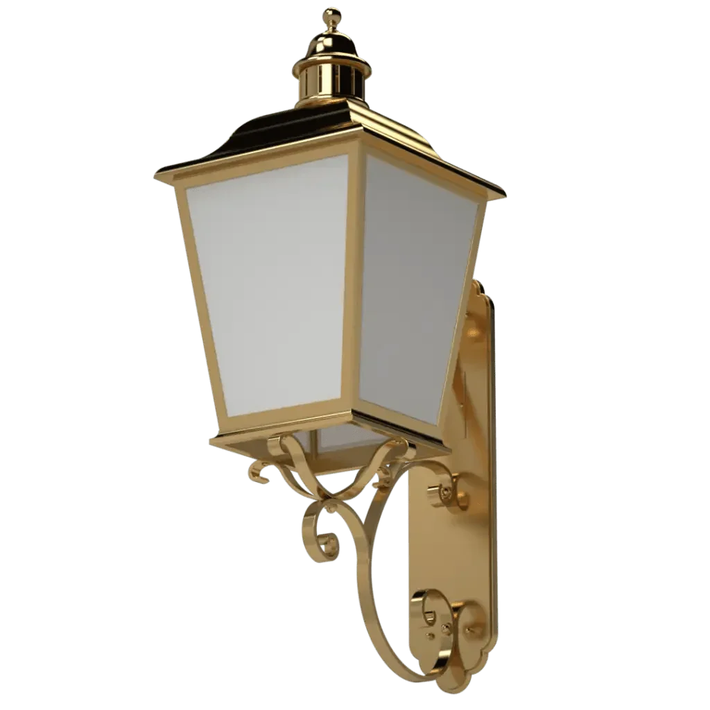 Gold-trimmed manchester sconce outdoor wall lantern with white glass panels for exterior lighting