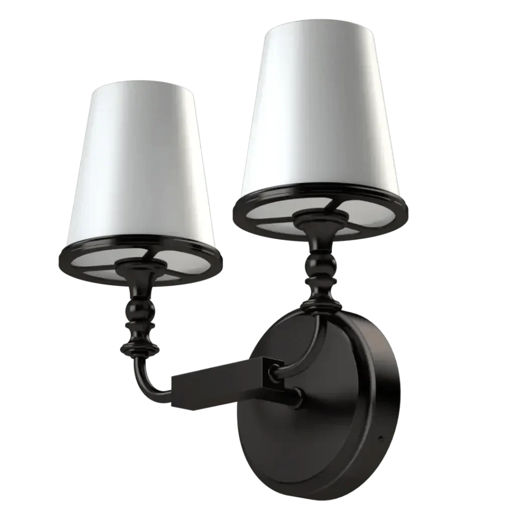 Mason II Petit Sconce - polished brass finish, detail of cylindrical white shades with brass rim