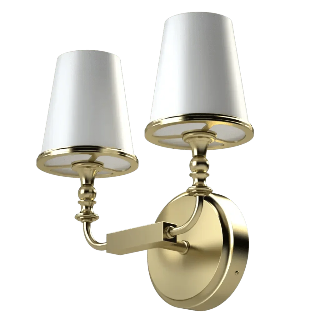 Mason II Petit Sconce - polished brass finish, three-quarter view showing cylindrical white shades
