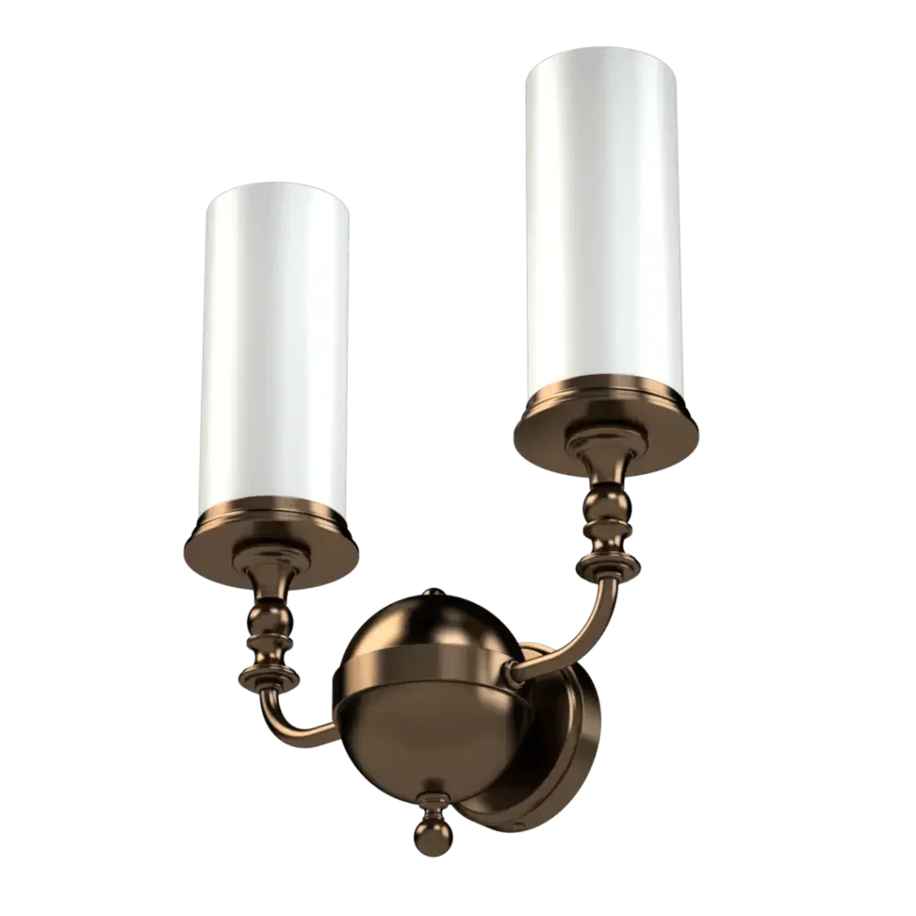 Mason II sconce is a bronze two-light wall fixture with cylindrical white glass shades for elegant indoor lighting