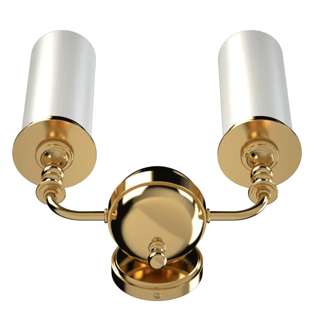 A polished gold Mason II sconce with two cylindrical white glass shades for elegant wall lighting