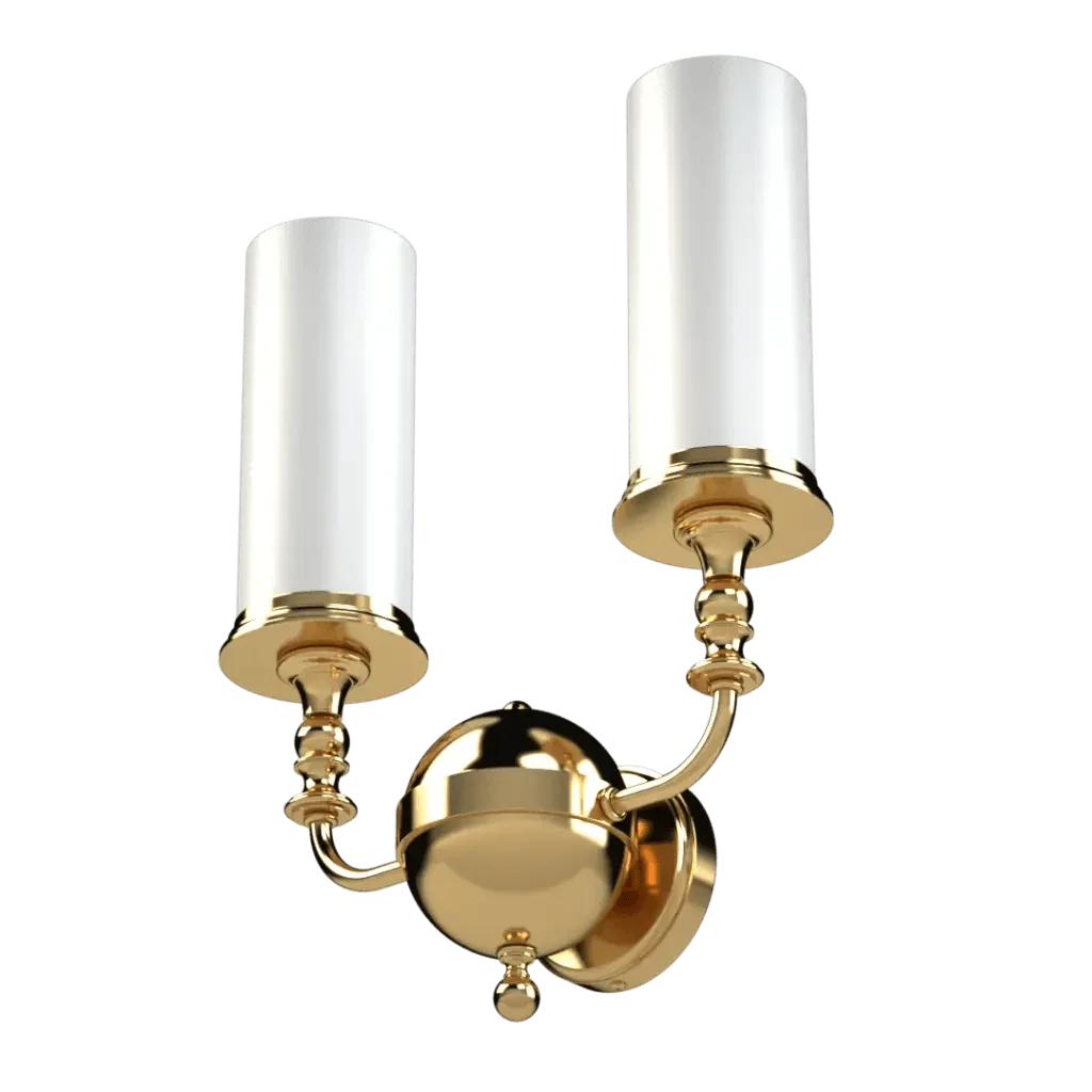 Mason II sconce is a two-light golden wall fixture with white cylindrical shades designed for indoor lighting