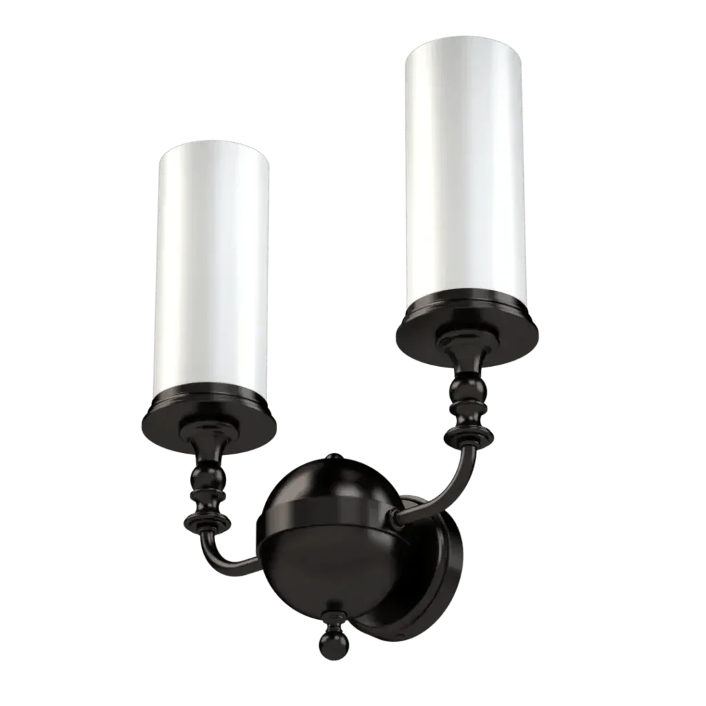 Mason II sconce two-light wall fixture with white cylindrical shades and dark bronze finish for indoor lighting