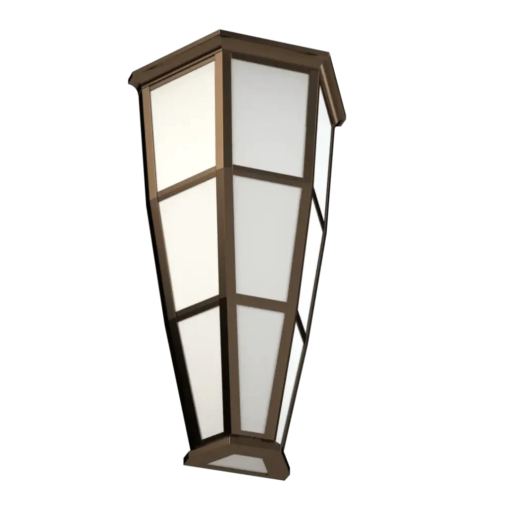 Mason sconce decorative outdoor lantern with a brown frame and white translucent panels for ambient lighting