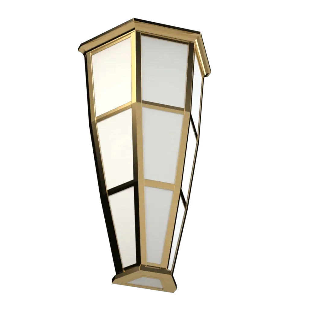 Mason sconce lantern with tall tapering design, gold-colored trim, and frosted white panels for elegant lighting