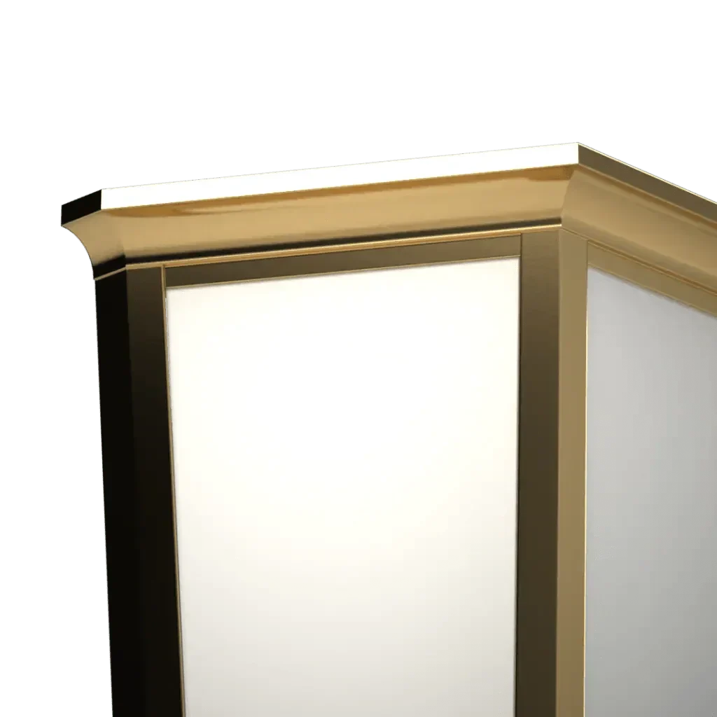 Mason sconce featuring a gold-trimmed white-paneled cabinet corner with elegant detailing
