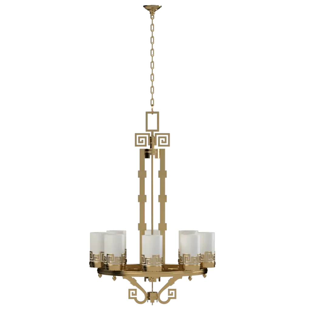 Meander Chandelier - polished brass finish, detail of wide circular brass ring base with geometric cutouts