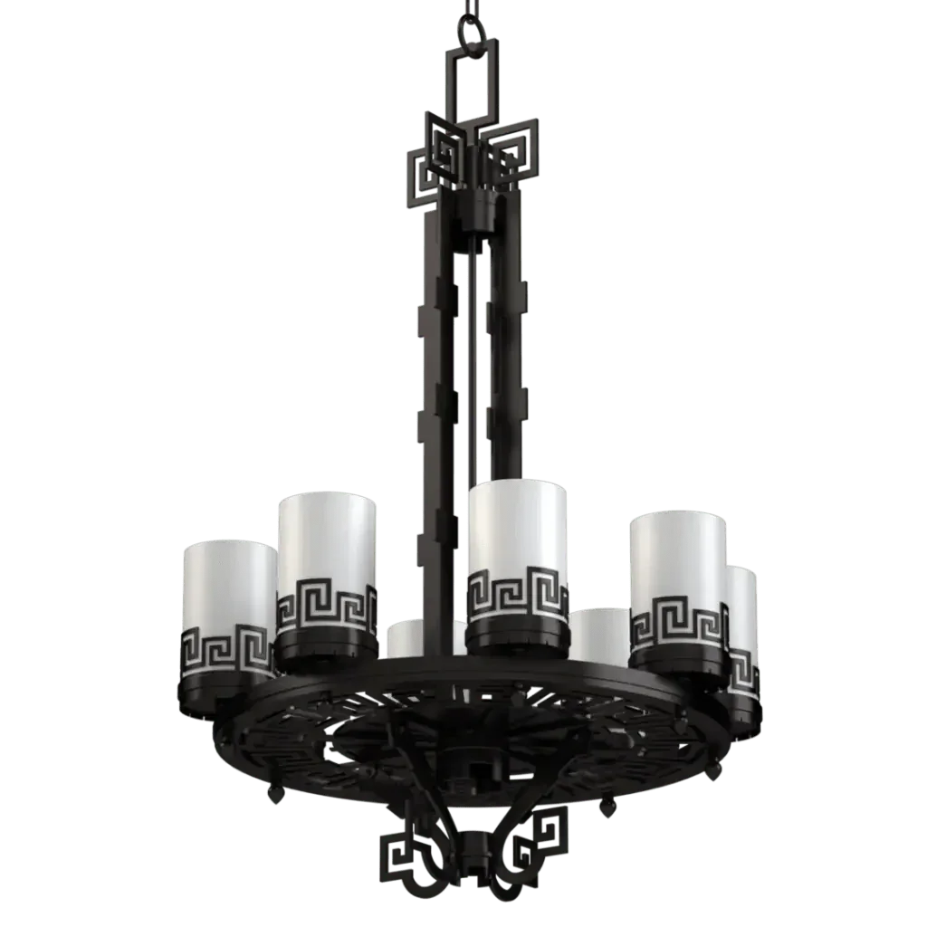 Meander Chandelier - polished brass finish, lifestyle view suspended in room