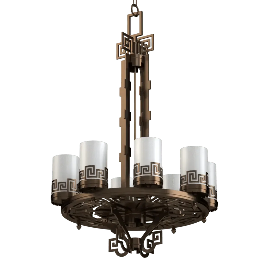 Meander Chandelier - polished brass finish, detail of Greek Key motif at base of glass shades