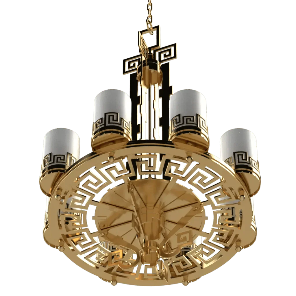Meander Chandelier - polished brass finish, back view showing mounting hardware