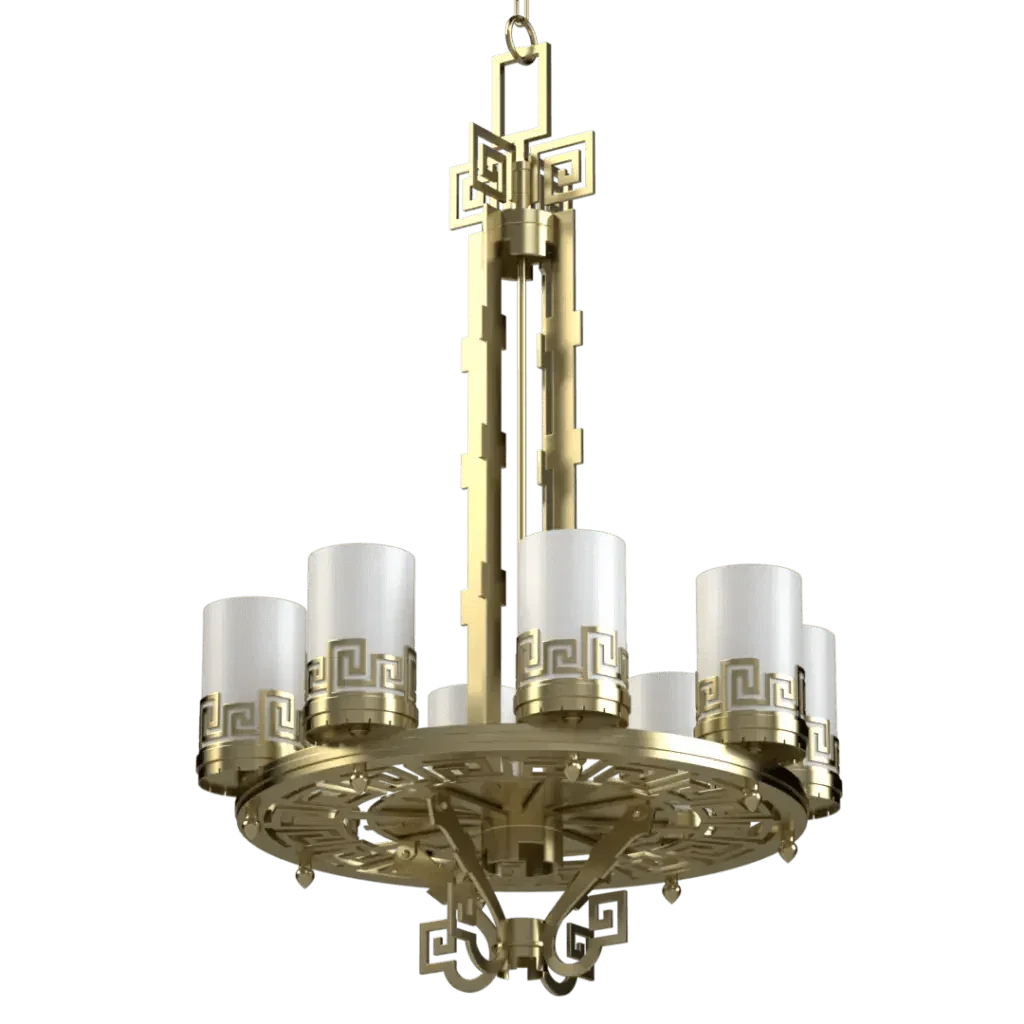 Meander Chandelier - polished brass finish, side profile showing cylindrical frosted glass shades