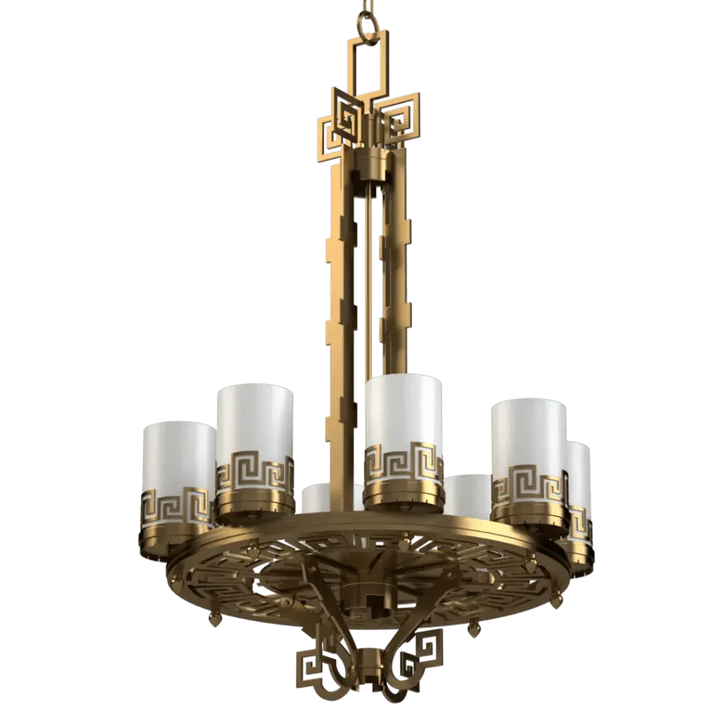 Meander Chandelier - polished brass finish, detail of Greek Key motif at top of central column