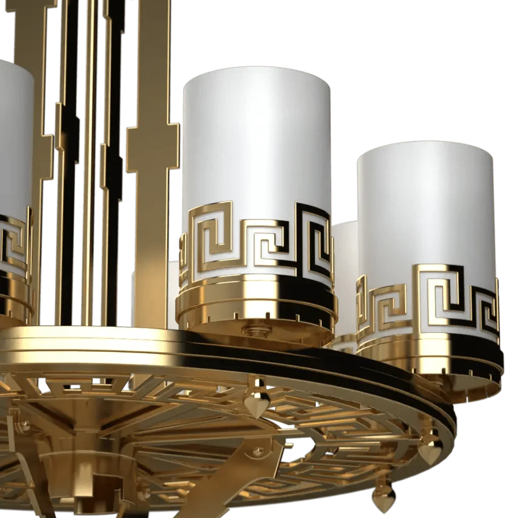 Meander Chandelier - polished brass finish, angled view showing candelabra arm arrangement
