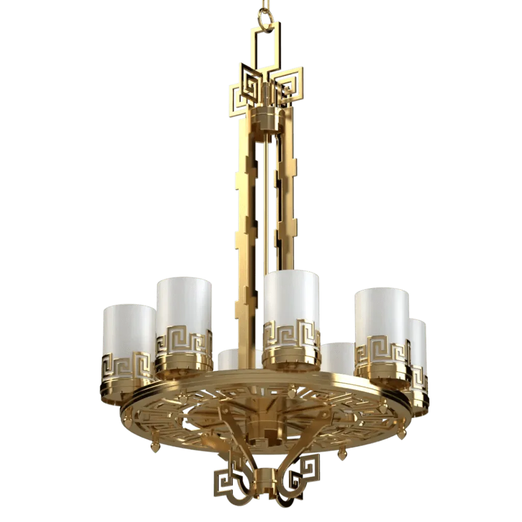 Meander Chandelier - polished brass finish, three-quarter view showing geometric fan pattern at base