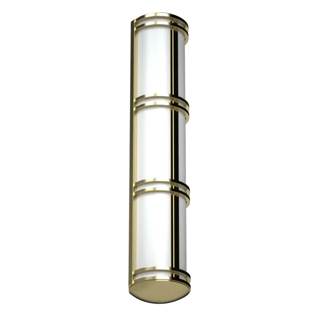 Metro sconce tall cylindrical wall sconce with three illuminated white glass sections and gold-toned metal accents