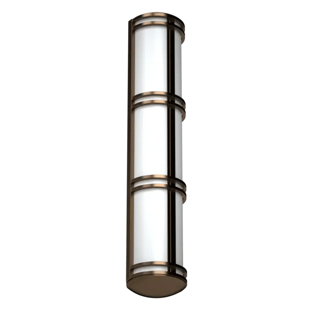Metro sconce vertical three-tiered bronze sconce with white cylindrical diffusers and metal bands