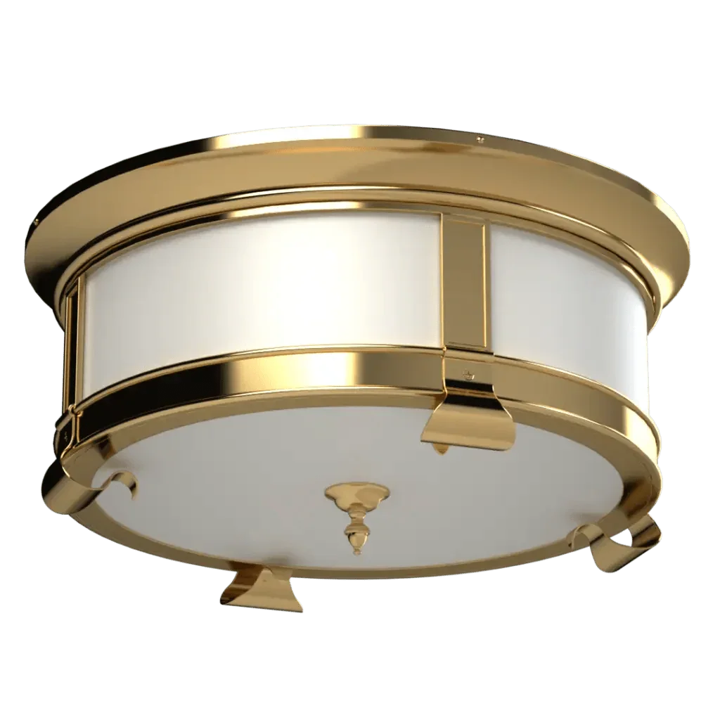 Mills Flush Mount - polished brass finish, front elevation showing cylindrical drum form with thick metal rims and vertical segmented panels