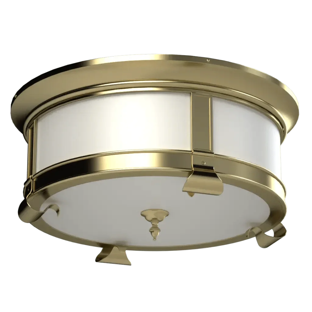 Mills Flush Mount - polished brass finish, three-quarter view showing white opal glass panels