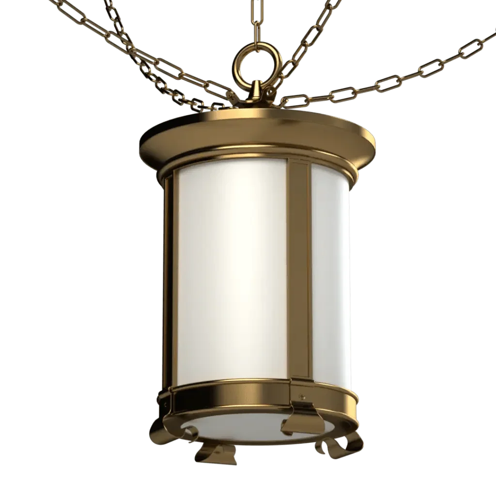 A glowing mills lantern pendant with a gold-colored cylindrical frame and hanging chains