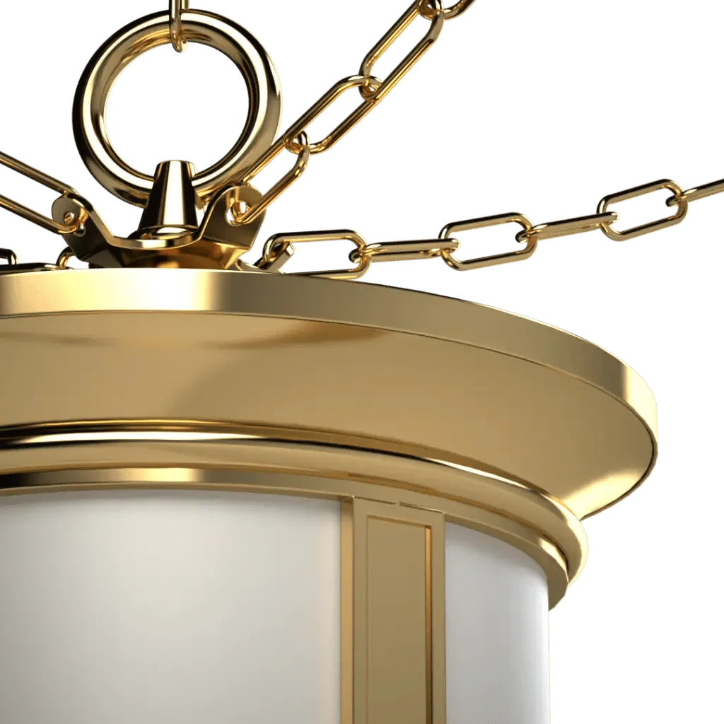 Mills lantern pendant featuring a gold and white metal hanging lantern with a decorative chain