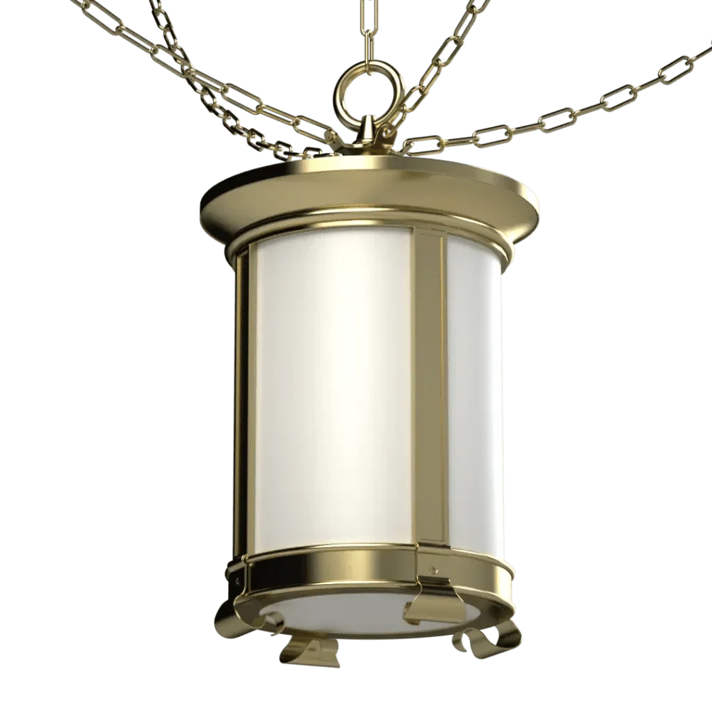 Mills lantern pendant is a gold and white cylindrical hanging lantern with chains for suspended lighting