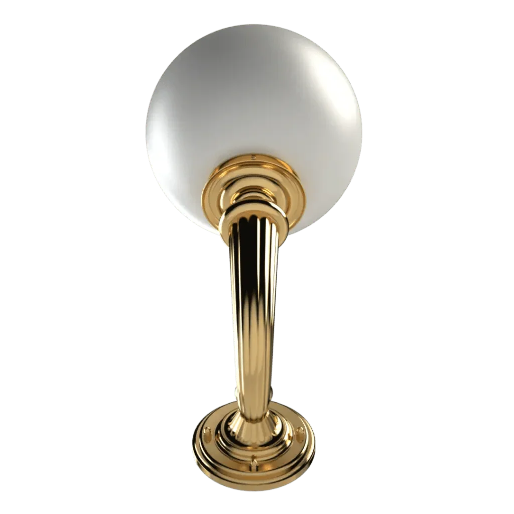 A shiny gold and white spherical wall sconce made of metal and glass titled noble sconce for elegant lighting