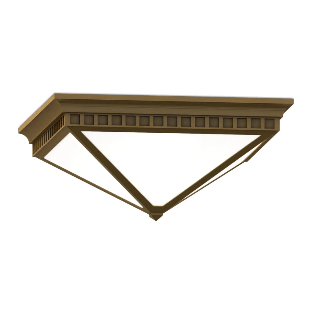 Gold rectangular ceiling light fixture with decorative molding and arms extending outward.