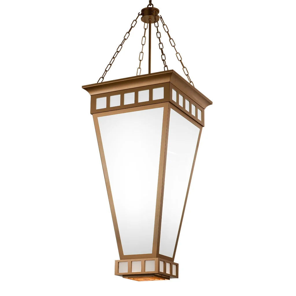 Antique brass lantern with frosted glass panels and a chain hanger.