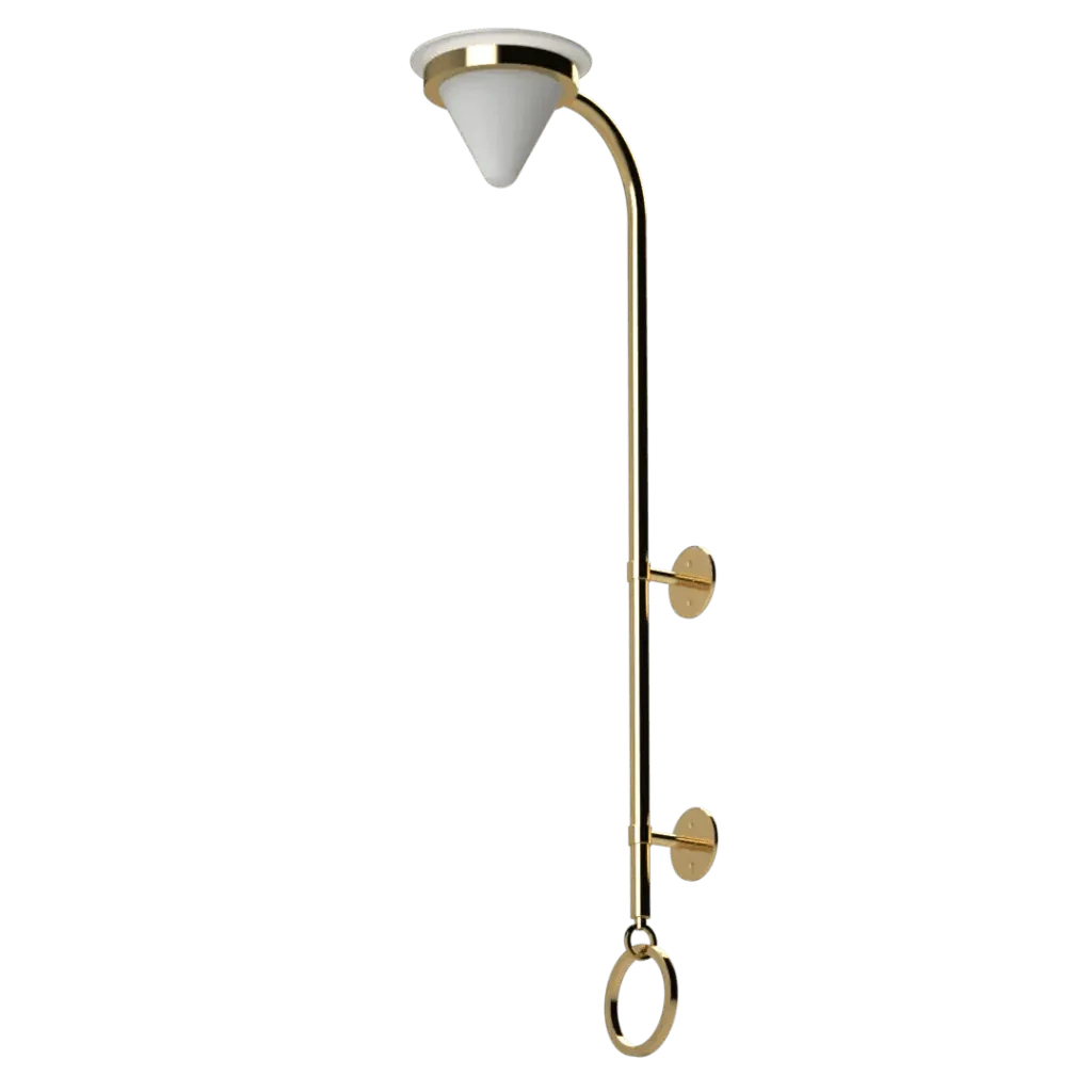 Ore Torchiere Sconce - polished brass finish, front elevation showing torchiere form with white conical shade pointing upward