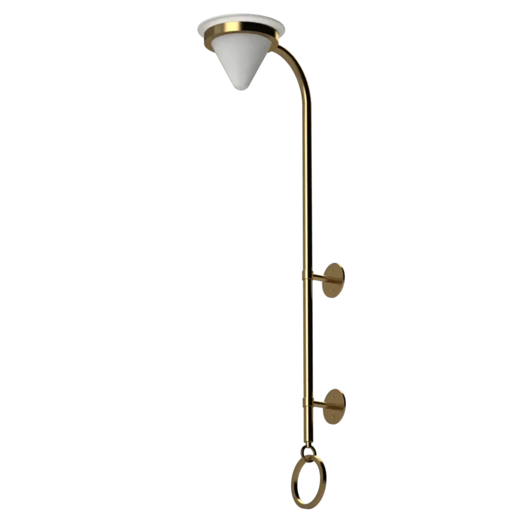 Ore Torchiere Sconce - polished brass finish, detail of curved swan-neck connecting vertical arm to shade
