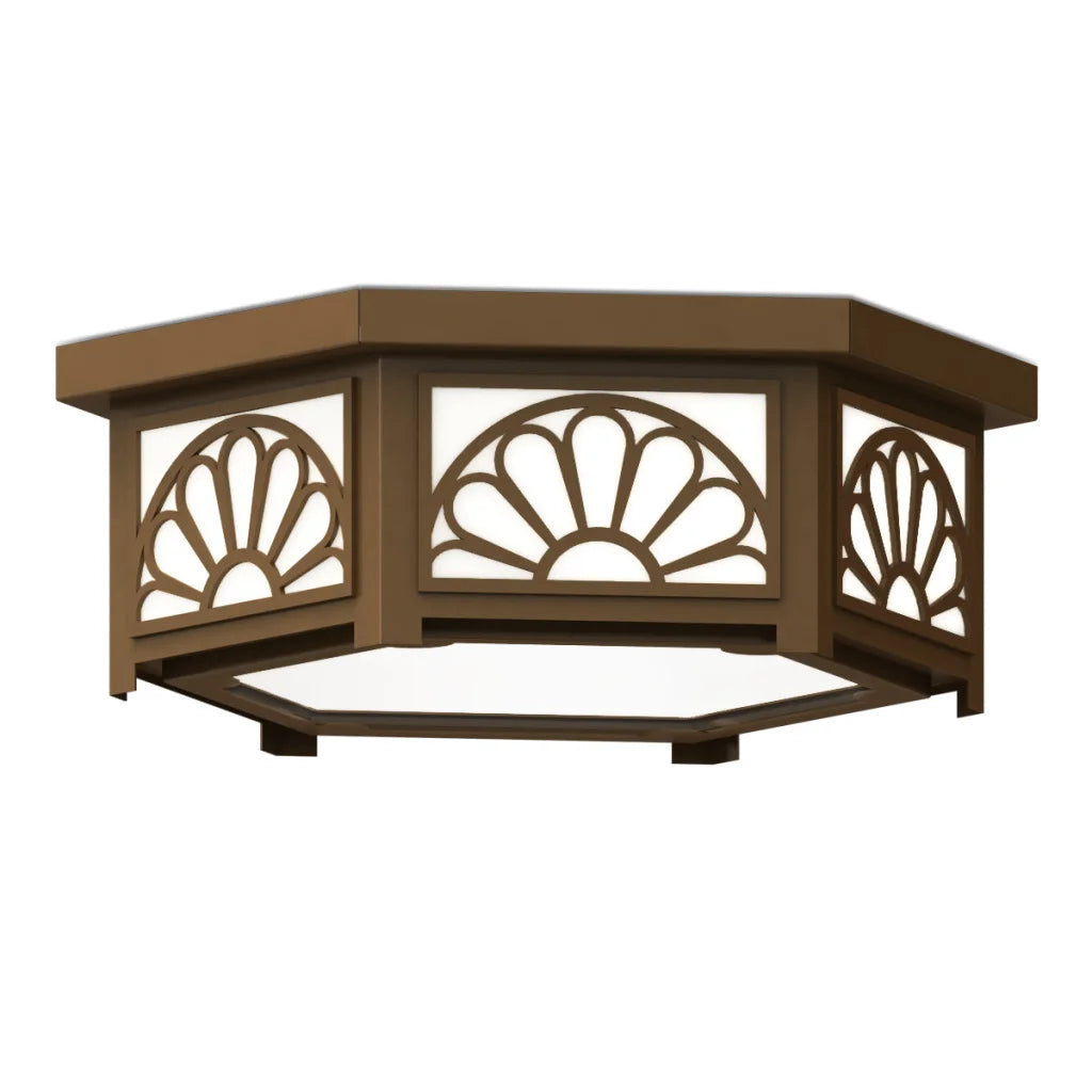 Brown wooden outdoor flush mount light fixture with decorative fan design and frosted glass panels.