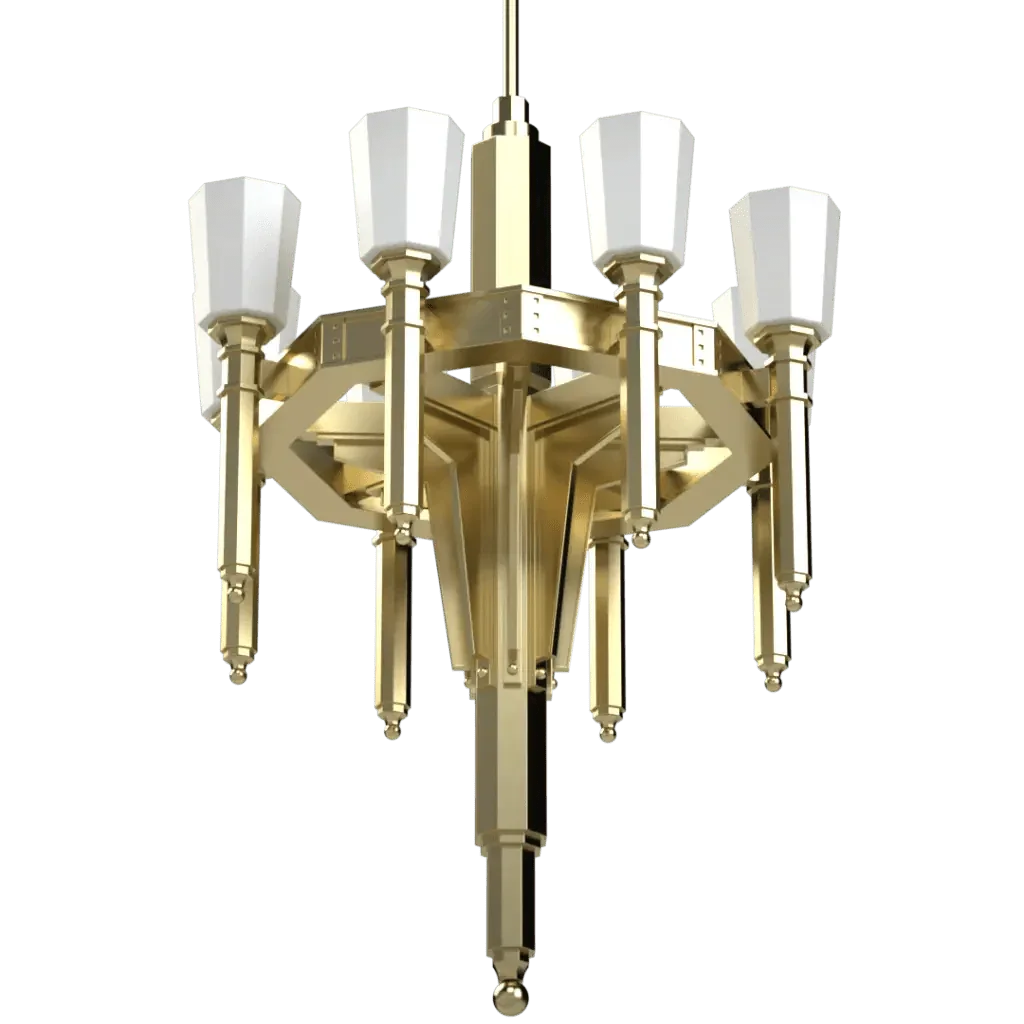 Palladium chandelier art deco style gold fixture with six faceted white glass shades for elegant lighting