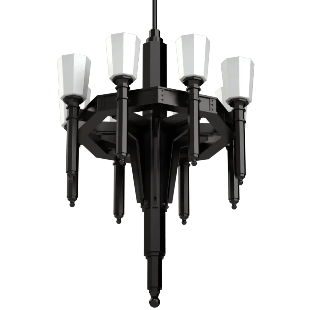 Palladium chandelier featuring a black multi-arm design with white faceted shades for elegant lighting