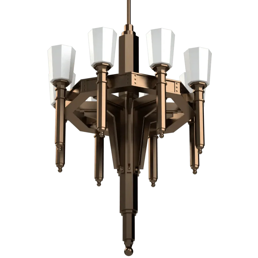 Palladium chandelier with a bronze tone and multiple white octagonal lamp shades in a modern design