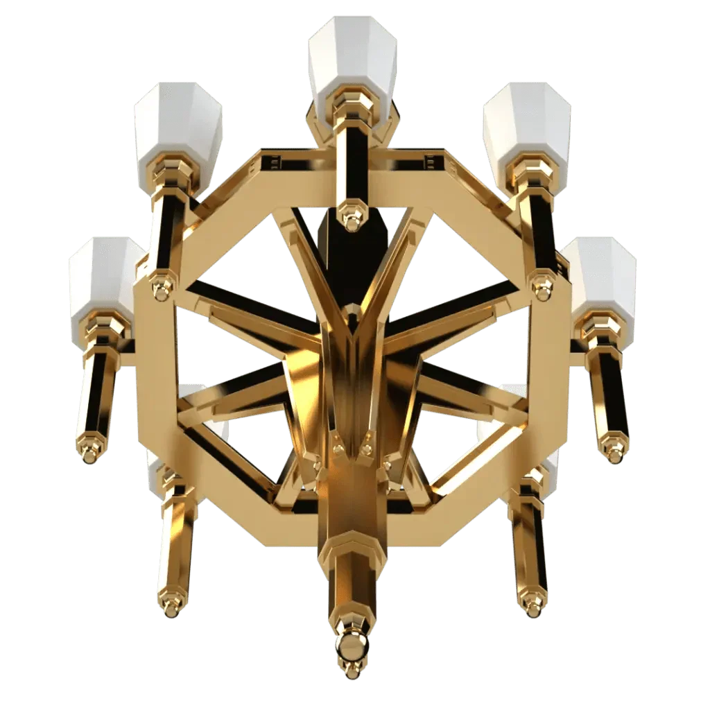 A golden palladium chandelier featuring six white hexagonal light fixtures designed for elegant lighting