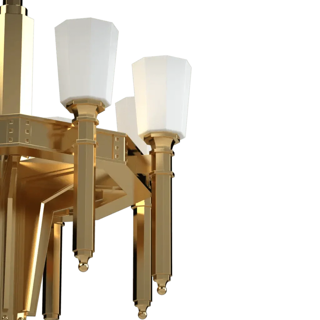 Gold-plated Palladium chandelier with white glass shades featuring an elegant Art Deco design