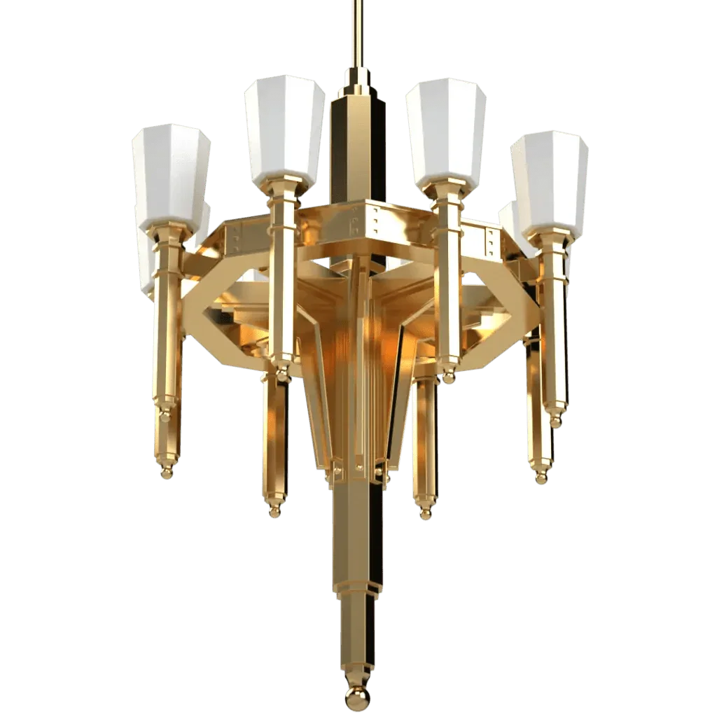 A polished brass Palladium chandelier featuring six white faceted glass shades for elegant indoor lighting