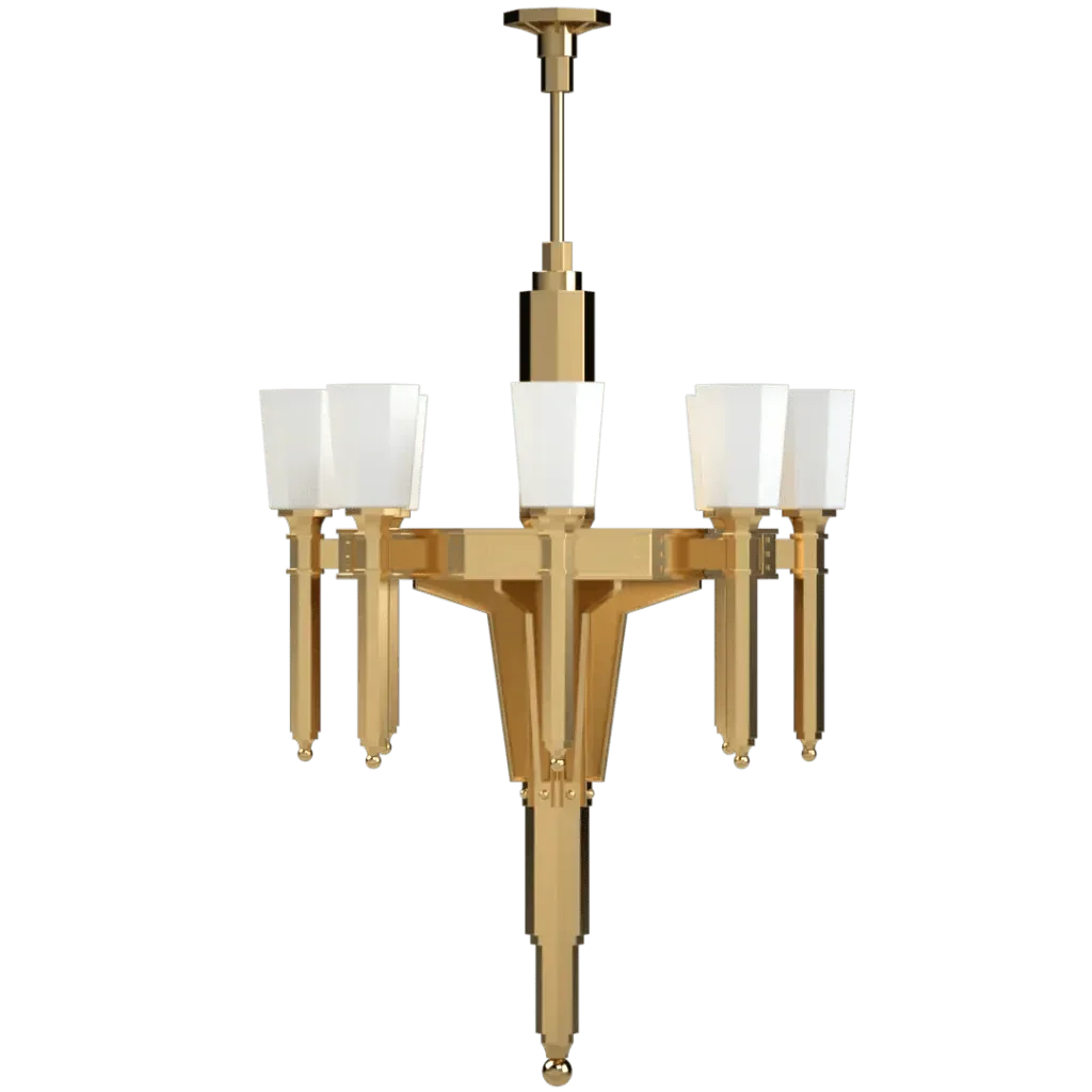 Gold-finished palladium chandelier with three frosted glass shades for elegant interior lighting