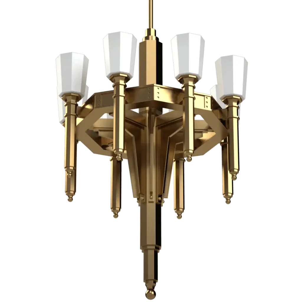 Palladium chandelier gold-toned metal with six white octagonal glass shades for elegant lighting