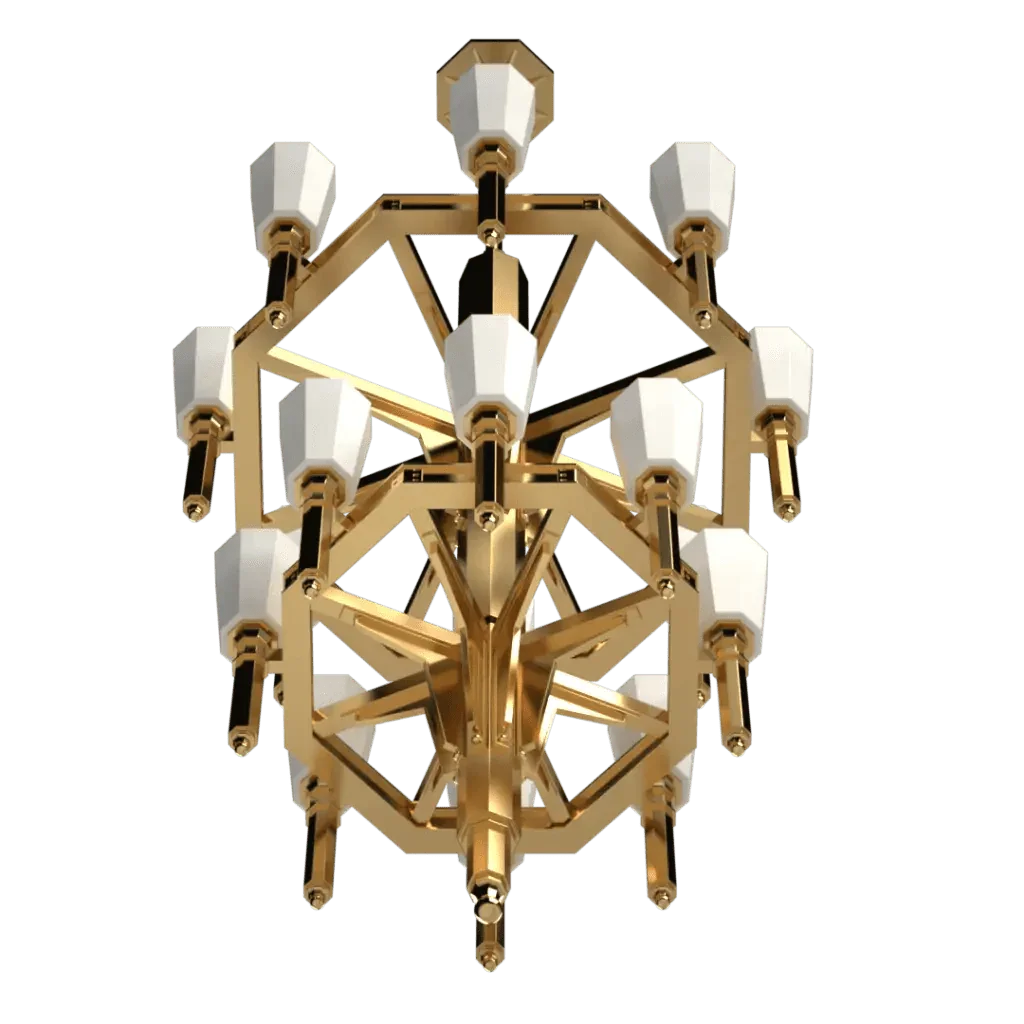 Palladium II chandelier featuring a multi tiered gold finish with white faceted shades for elegant lighting
