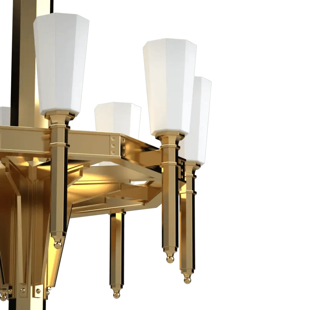 Ornate golden palladium II chandelier featuring white hexagonal shades in a luxurious design