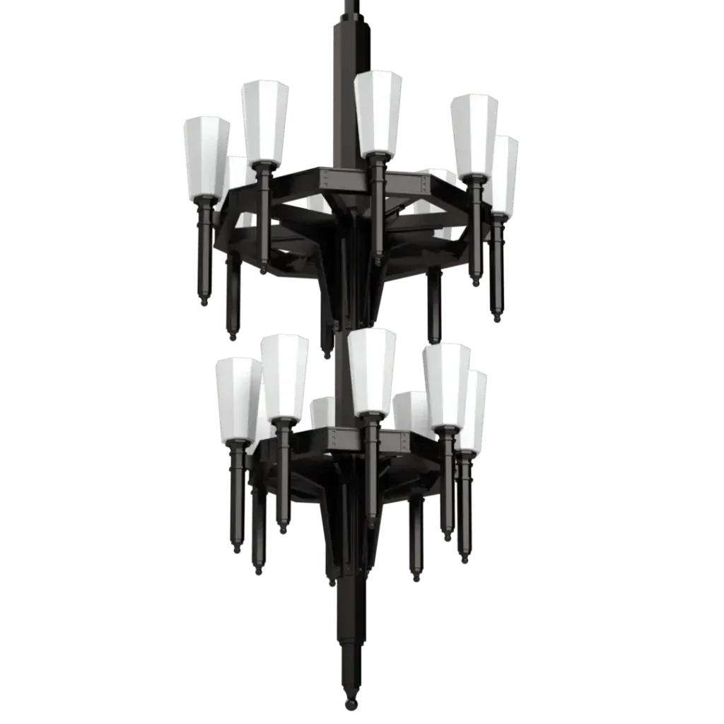 Two-tiered black palladium ii chandelier with white conical shades for elegant indoor lighting
