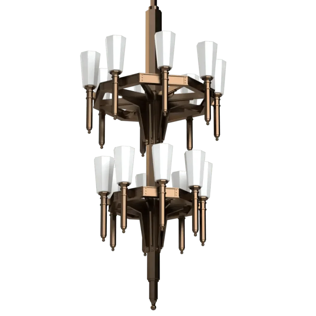 Two-tiered brass palladium II chandelier featuring white conical shades ideal for elegant interior lighting