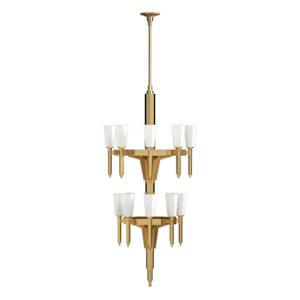 Palladium II chandelier two-tiered brass fixture with white glass shades for elegant interior lighting